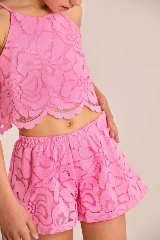 Melin Rose Σετ μπλούζα με σορτς σε ύφασμα δαντελά Ροζ 2-12Y