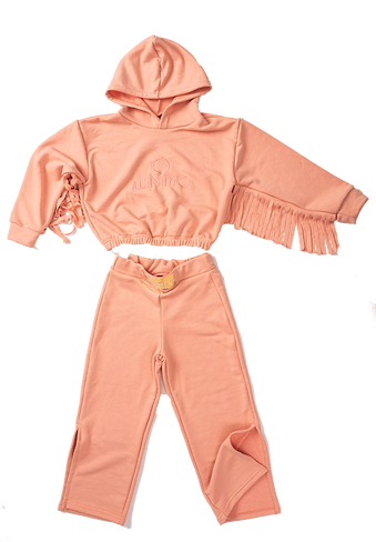 Σετ φούτερ με κέντημα και κρόσια στα μανίκια σομόν