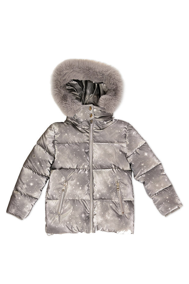 Μπουφάν μεταλλικό γκρί με αστέρια και γούνα 6-12Y