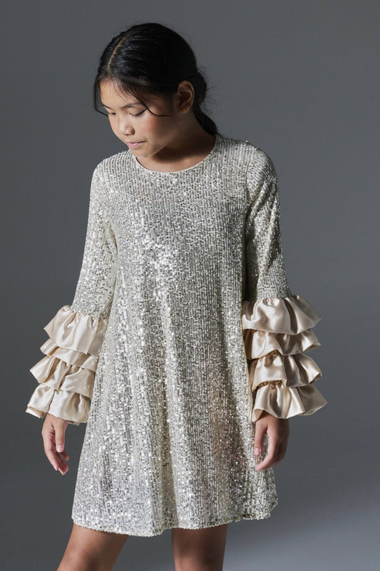 Melin Rose Φόρεμα παγιέτα με βολάν στα μανίκια Εκρού 4-14Υ