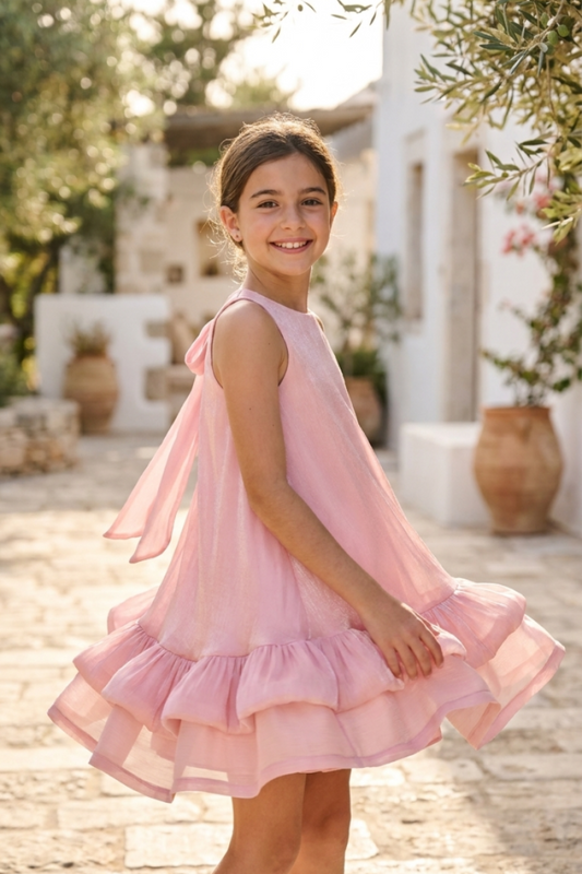 Melin Rose Φόρεμα οργάντζα με φουσκωτό βολάν στο τελείωμα  Ροζ 4-12Υ